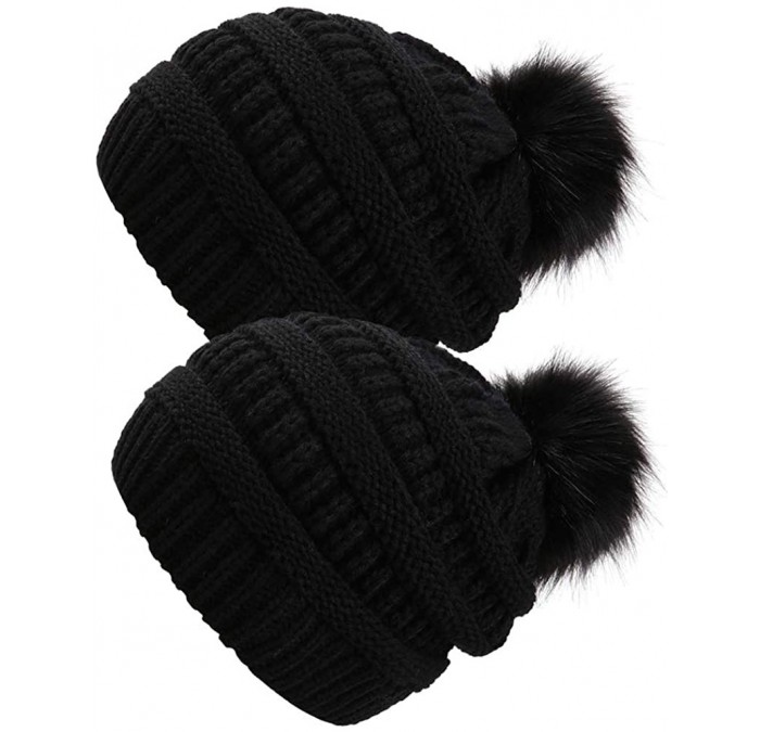 Skullies & Beanies Slouchy Winter Knit Beanie Cap Chunky Faux Fur Pom Pom Hat Bobble Ski Cap - Z-black/Black 2pcs - C918RWA8U...