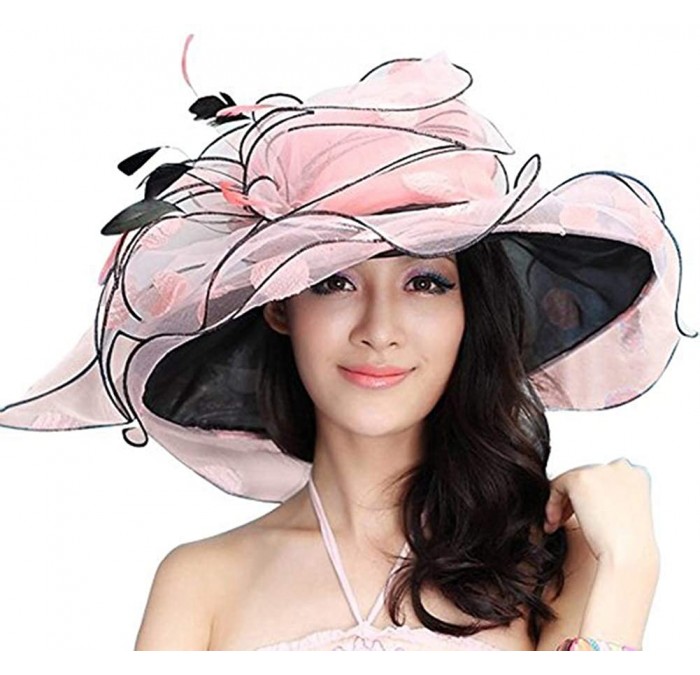 Sun Hats Women Race Hats Organza Hat with Ruffles Feathers - Pink/Black - CK11O9OCTEF $62.68