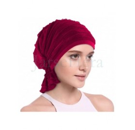 Skullies & Beanies Women Ruffle Chemo Headwear Slip-on Cancer Scarf Stretch Cap Turban for Hair Loss - 2 Pair Basic-wine+navy...