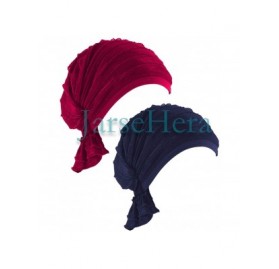 Skullies & Beanies Women Ruffle Chemo Headwear Slip-on Cancer Scarf Stretch Cap Turban for Hair Loss - 2 Pair Basic-wine+navy...