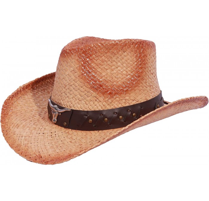 Cowboy Hats Western Outback Cowboy Hat Men's Women's Style Straw Felt Canvas - 028 Brown Bull Head - C818YZDQZX7 $44.50