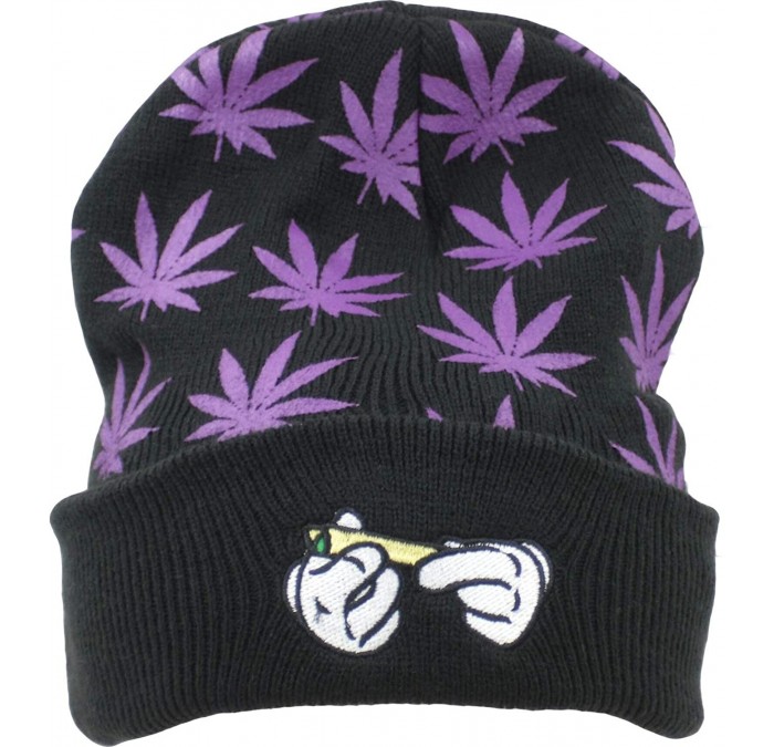 Skullies & Beanies Marijuana Weed Cuff Beanie-Hat - Knit Winter Hat for Women Men - Purple - CJ18HT3W45M $24.41