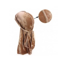 Skullies & Beanies Men's Soft Velvet Long Tail Wide Straps Durag Solid Color Cap Turban Headwrap - Khaki - CX18GR86WU0 $8.12