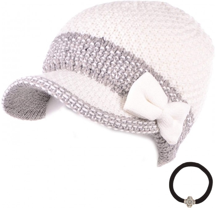 Skullies & Beanies Women's Winter Cable Knitted Beret Visor Beanie Hat with Scrunchy. - Bowknot-white - CI12NB7M8T1 $38.37