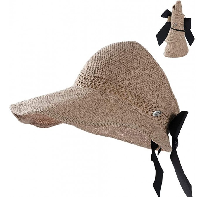Sun Hats Summer Straw Beach Sun Visor Ponytail Hats for Women Foldable Floppy - Straw-bk-khiki - CK18QA79GEZ $12.86