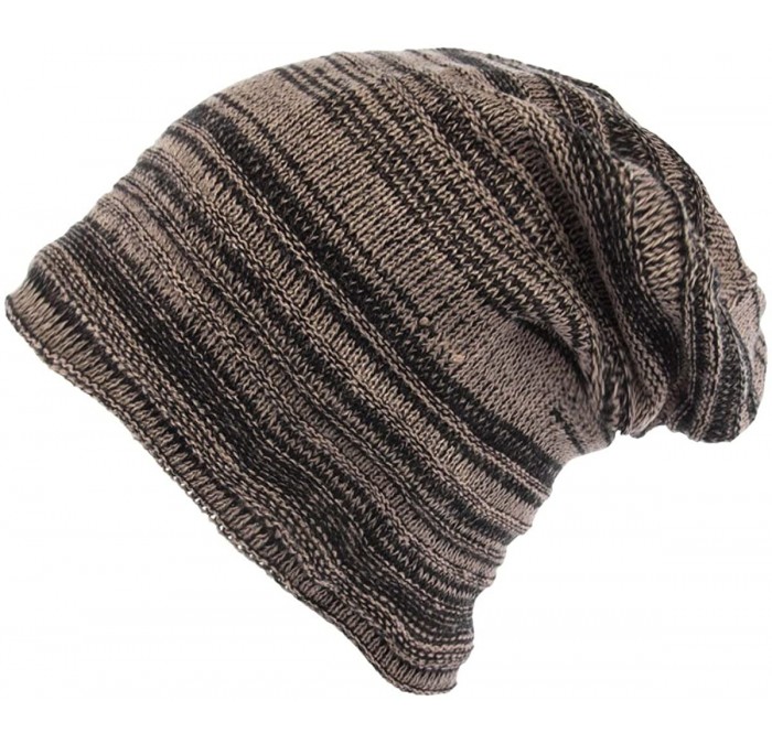 Skullies & Beanies Mens Beanie Hat Long Slouchy Striped Ribbed Knit Hat Lightweight Thick - Brown/Black - CL188HH2XI6 $18.35