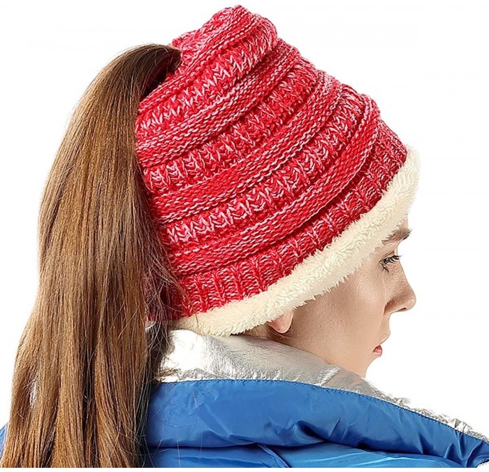 Skullies & Beanies Womens Ponytail Beanie Hats Warm Fuzzy Lined Soft Stretch Cable Knit Messy High Bun Cap - Red Mix - C618IO...