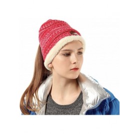 Skullies & Beanies Womens Ponytail Beanie Hats Warm Fuzzy Lined Soft Stretch Cable Knit Messy High Bun Cap - Red Mix - C618IO...