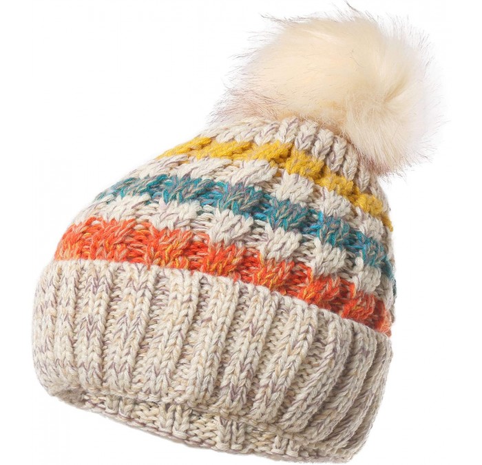 Skullies & Beanies Women's Fleece Lined Beanie Winter Knit Ear Flaps Hat with Pompom Faux Knitted Hat Scarf Mask Set - Beige ...