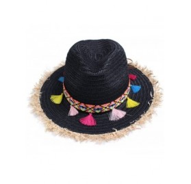Sun Hats Colorful Tassels Women's Straw Hat Wide Brim Beach Summer Sun Hat - Hat002-black - CJ182GOD4XG $12.78