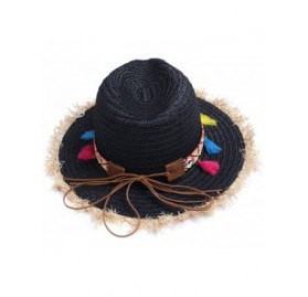 Sun Hats Colorful Tassels Women's Straw Hat Wide Brim Beach Summer Sun Hat - Hat002-black - CJ182GOD4XG $12.78