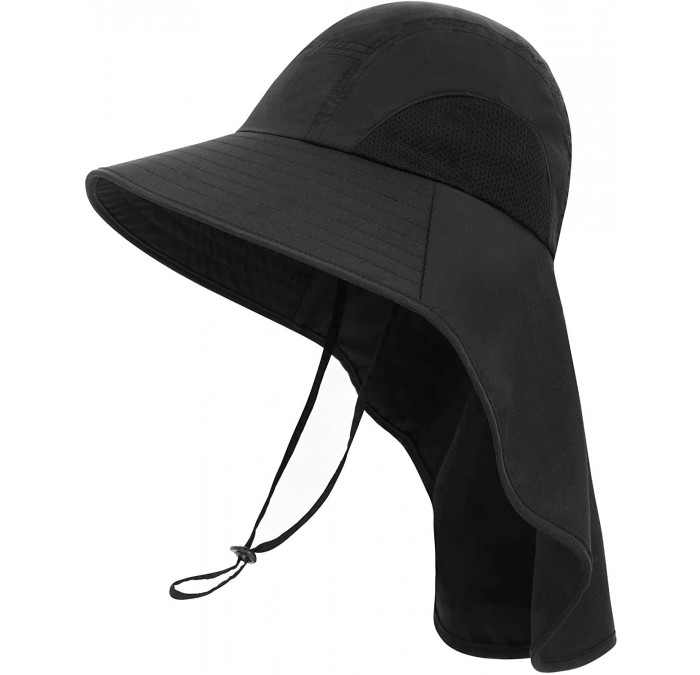 Sun Hats Womens Foldable Flap UPF 50+ UV Protective Bucket Sun Hat w/Neck Cord - Unisex_black - CC199990HWR $13.82