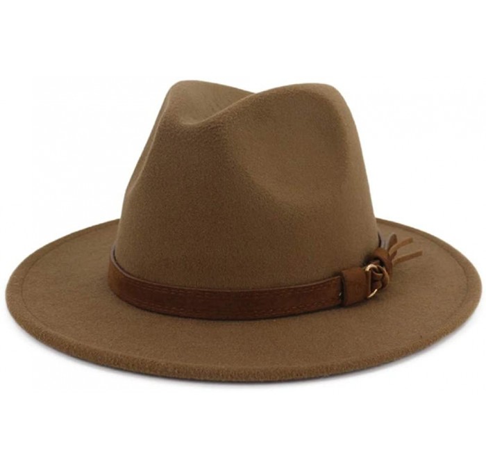 Fedoras Unisex Wide Brim Felt Fedora Hats Men Women Panama Trilby Hat with Band - Khaki - CM18KR9YHDT $34.48