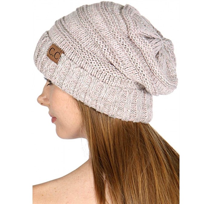 Skullies & Beanies Knit Beanie Hat- Soft Warm Cable Winter Chunky Cap- Oversized Slouchy Stretching- Pompom- for Women - Rose...
