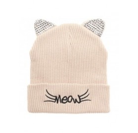 Skullies & Beanies Women's Soft Warm Embroidered Meow Cat Ears Knit Beanie Hat with Stone Embellished - Beige - C318Y6S9MG9 $...