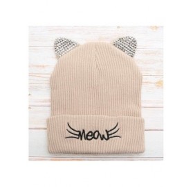 Skullies & Beanies Women's Soft Warm Embroidered Meow Cat Ears Knit Beanie Hat with Stone Embellished - Beige - C318Y6S9MG9 $...