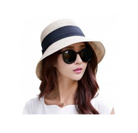 Sun Hats Packable UPF Straw Sunhat Women Summer Beach Wide Brim Fedora Travel Hat 54-59CM - 69087_beige3 - C718RT726ZI $25.65