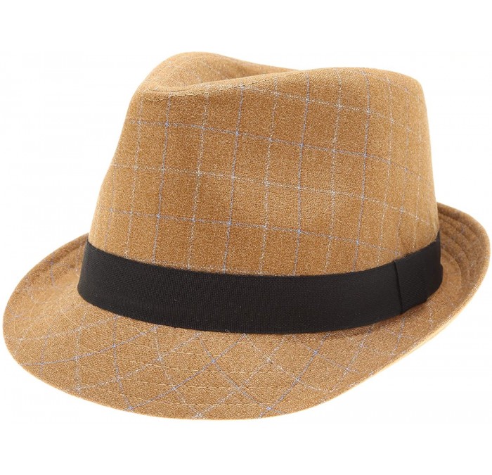Fedoras Men's Classic Fashion Short Brim Trilby Structured Gangster Fedora Hat with Band - Windowpane- Camel - CH18WH7RQ05 $1...