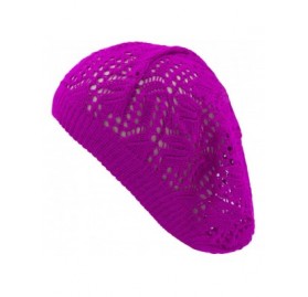 Berets Womens Lightweight Cut Out Knit Beanie Beret Cap Crochet Hat - Many Styles - Fuchsia Leaf - C612LCQ6PUL $13.70