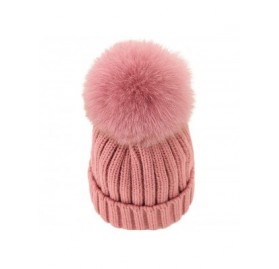 Skullies & Beanies Women Winter Kintted Beanie Hats with Real Fox Fur Pom Pom - Pink- for Children Aged 3-9 Years - C818Y2X0I...