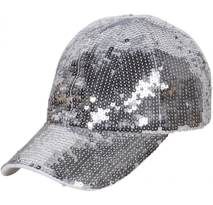 Baseball Caps Glitter Sequin Elastic Fit Baseball Hat - Silver - CO188W7RURH $29.37