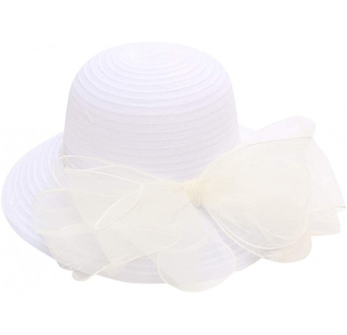 Sun Hats Women Colorful Big Brim Straw Bow Hat Sun Floppy Wide Brim Hats Beach Cap - White-church Derby - CL18UZN2QAS $12.91
