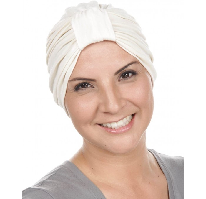 Skullies & Beanies Classic Cotton Turban Soft Pleated Chemo Cap for Women with Cancer Hair Loss - 06- Ivory Cream - CE11K4JDK...