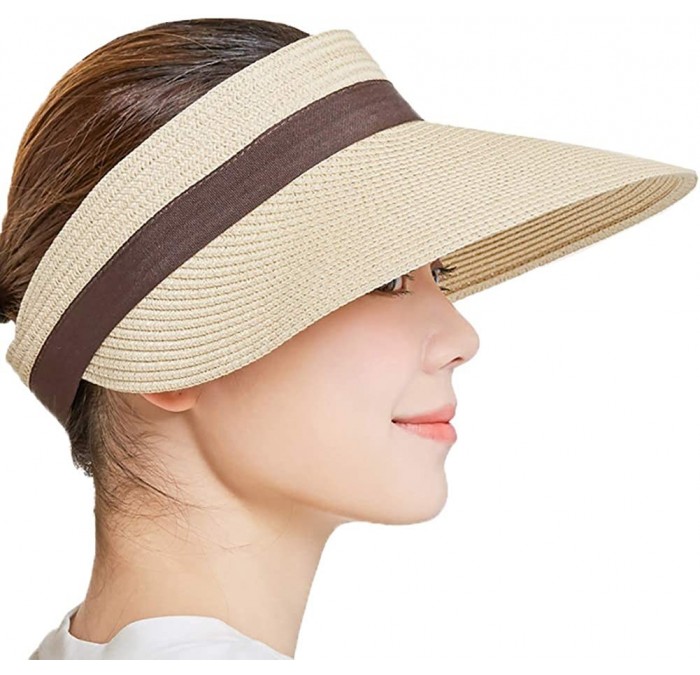 Sun Hats Women's Summer Foldable Straw Sun Visor w/Cute Bowtie Comfortable Beach Cap - Bow Beige - CC196EGT02H $30.16