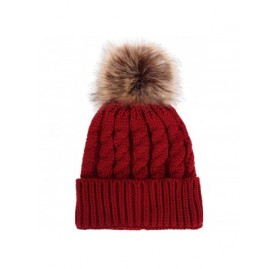 Skullies & Beanies Winter Hand Knit Beanie Hat with Faux Fur Pompom - Burgundy - C112MA1R3KD $12.21