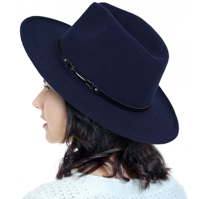Fedoras Men & Women Classic Wide Brim Fedora Hat with Belt Buckle Wool Felt Panama Fedora M/L - A-navy Blue - CJ18A5SHQTU $15.53