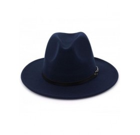 Fedoras Men & Women Classic Wide Brim Fedora Hat with Belt Buckle Wool Felt Panama Fedora M/L - A-navy Blue - CJ18A5SHQTU $15.53