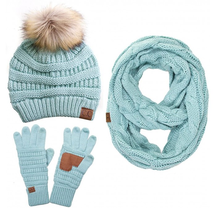 Skullies & Beanies 3pc Set Trendy Warm Chunky Soft Stretch Cable Knit Pom Pom Beanie- Scarves and Gloves Set - Mint - C518H77...