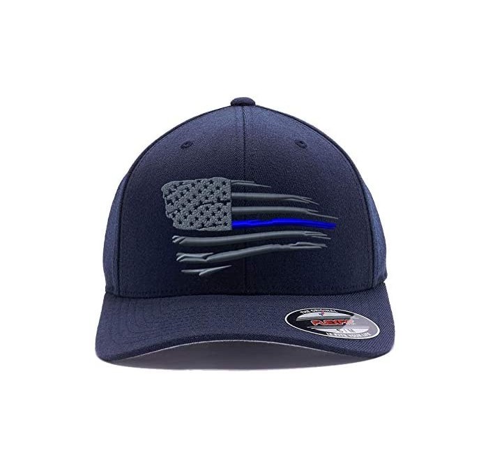 Baseball Caps Thin Red Line/Blue Line Waving USA Flag. Front & Back Embroidered- Flexfit 6277 Wooly Combed Cap. - Dark Navy -...