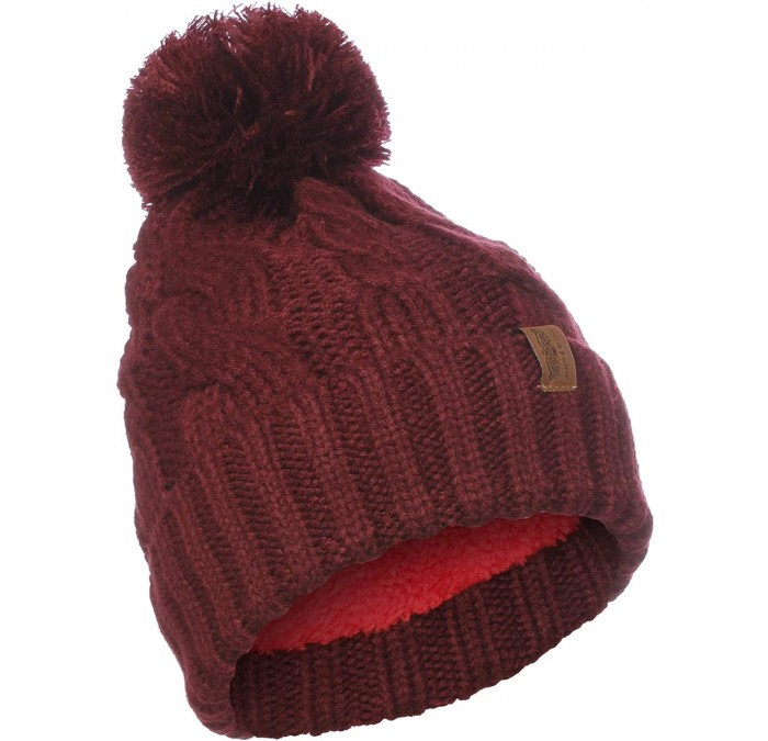 Skullies & Beanies Women Chunky Soft Strech Cable Knit Pom Pom Beanie Sherpa Fleece Lined - Wine - CP18KKL7MGD $21.38