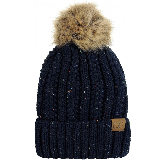 Skullies & Beanies Thick Cable Knit Faux Fuzzy Fur Pom Fleece Lined Skull Cap Cuff Beanie - Confetti Navy - CA18GUW76D8 $14.17