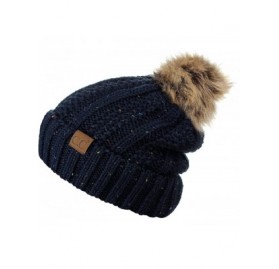 Skullies & Beanies Thick Cable Knit Faux Fuzzy Fur Pom Fleece Lined Skull Cap Cuff Beanie - Confetti Navy - CA18GUW76D8 $14.17
