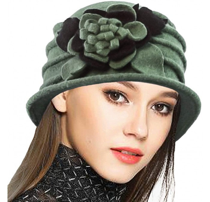 Bucket Hats Women's Wool Dress Church Cloche Hat Bucket Winter Floral Hat - Green - CB12L3NZWHZ $38.34
