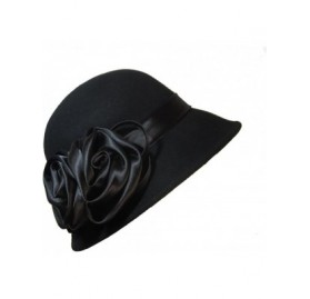 Bucket Hats Vintage Style Black Satin Roses Wool Cloche - C31183QX3J5 $55.05