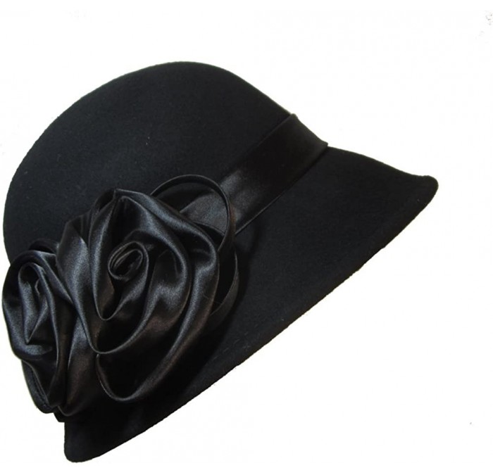Bucket Hats Vintage Style Black Satin Roses Wool Cloche - C31183QX3J5 $22.75