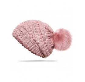 Skullies & Beanies Slouchy Winter Knit Beanie Cap Chunky Faux Fur Pom Pom Hat Bobble Ski Cap - Light Pink - CW18UU6MR44 $11.44