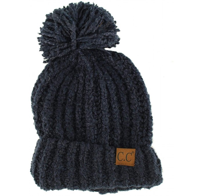 Skullies & Beanies Winter CC Soft Chenille Pom Pom Warm Chunky Stretchy Knit Beanie Cap Hat - Navy - CL187GCAUKH $17.05