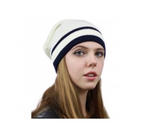 Skullies & Beanies Trendy Baggy Slouchy & Comfort Knitted Daily Beanie Hat w/Stripe - Wt/Navy - C312HPYE9UH $9.45