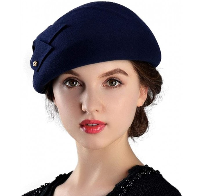 Berets Womens Wool Felt French Berets Bowler Hat Artist Boina Bowknot Cap - Navy - CO18H603NEZ $61.25