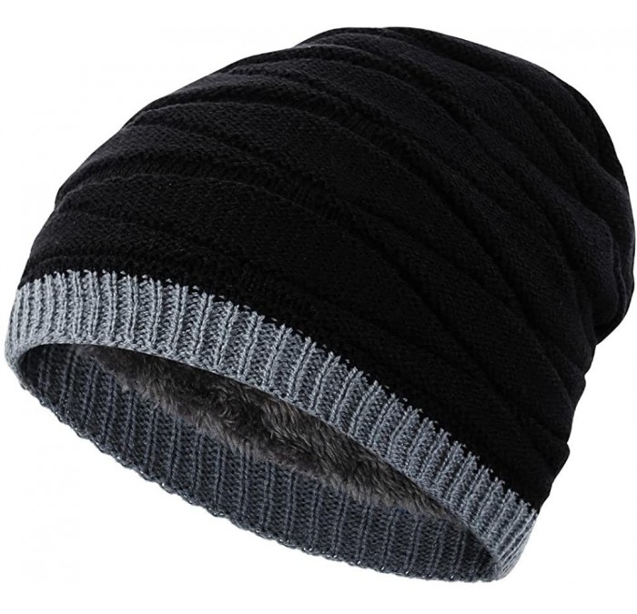 Skullies & Beanies Men's Knit Thicken and Fleece Lining Beanie Hat Winter Slouchy Warm Cap - Black - CI12O7CIMBW $19.84