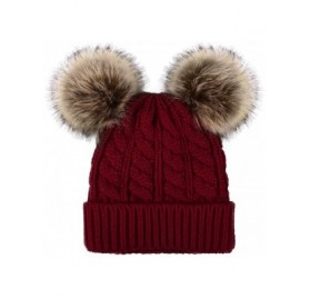 Skullies & Beanies Womens Beanie Winter Cable Knit Faux Fur Pompom Ears Beanie Hat - Burgundy2 - CE192428URR $15.30
