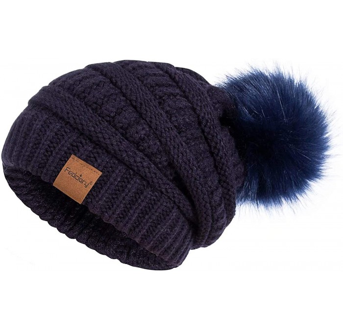 Skullies & Beanies Womens Winter Slouchy Beanie Hat- Knit Warm Fleece Lined Thick Thermal Soft Ski Cap with Pom Pom - Navy - ...