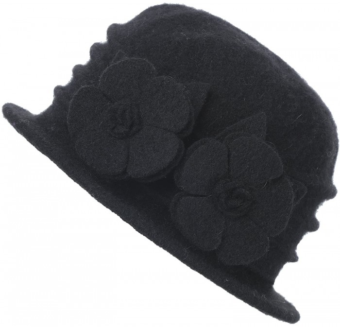 Bucket Hats Womens Winter Warm Wool Cloche Bucket Hat Slouch Wrinkled Beanie Cap with Flower - 2 Style-black - CP1845HQRRL $1...