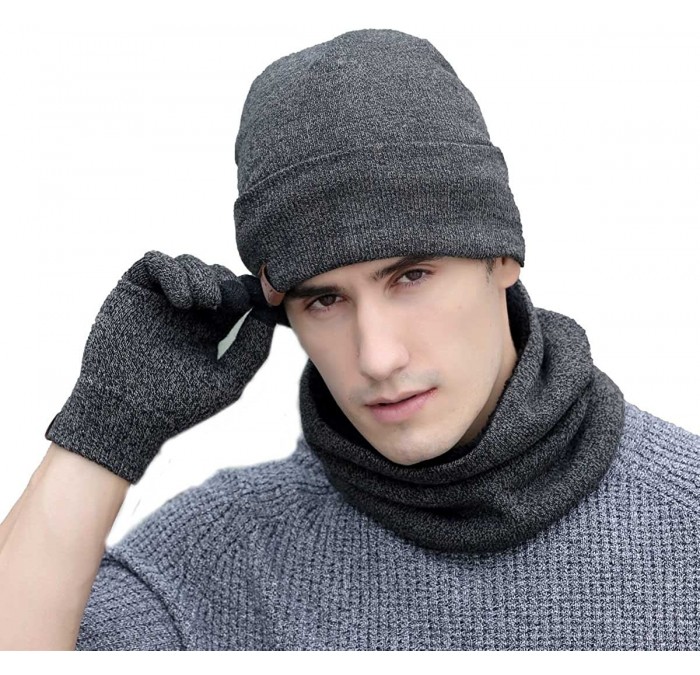 Skullies & Beanies 3 PCS Winter Beanie Hat Scarf Gloves Set- Knitted Hat Scarf Touch Screen Gloves for Men Women - Light Gray...