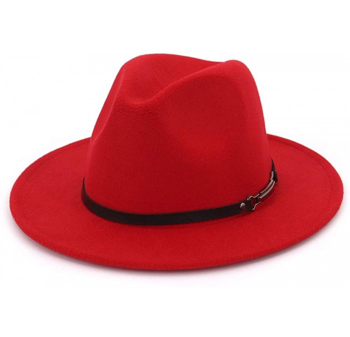 Fedoras Womens Felt Fedora Hat- Wide Brim Panama Cowboy Hat Floppy Sun Hat for Beach Church - Red - CU18YCMLRSQ $13.83