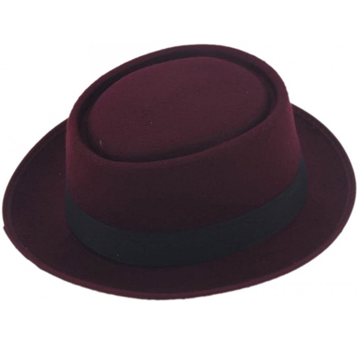 Fedoras Unisex Felt Pork Pie Cap Porkpie Hat Upturn Short Brim Black Ribbon Band - Wine Red - CX183GGRKNM $20.56